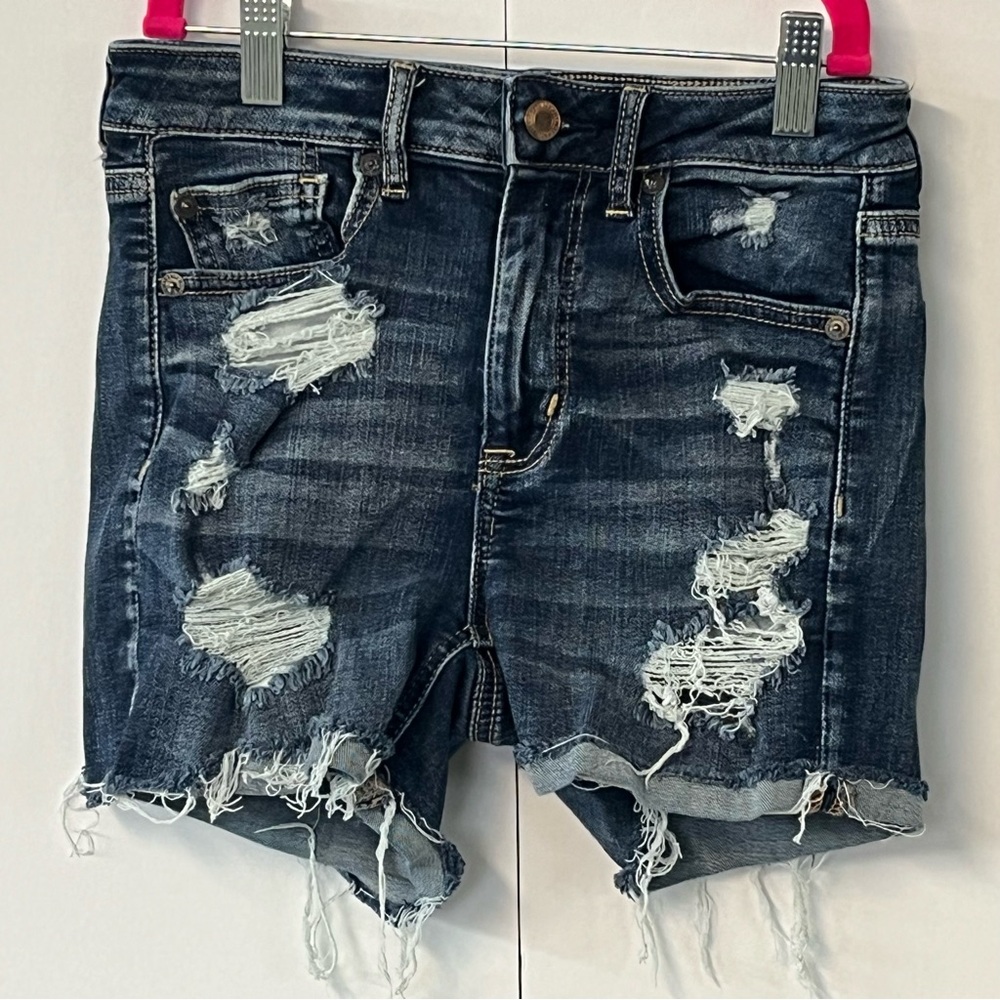 American Eagle Super Stretch X Super Hi-Rise Shortie Distressed Raw Hem Shorts